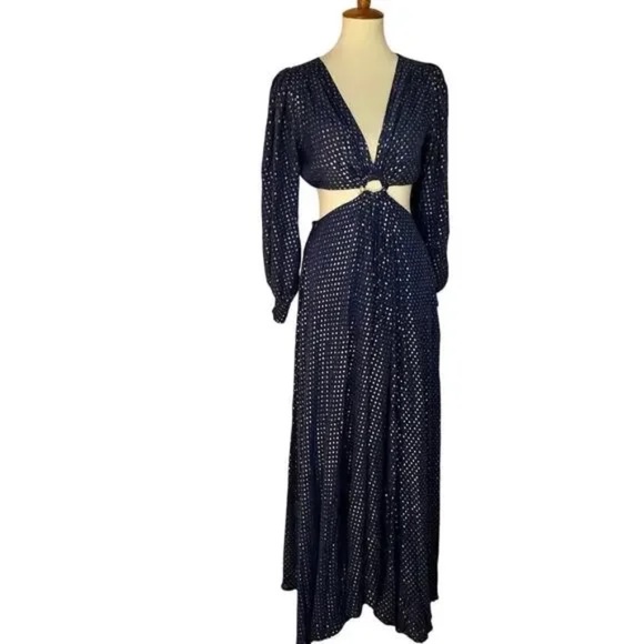 Delfi Collective Cerise Cutout Navy Blue Metallic Gold Dotted Gown Dress S - Picture 8 of 11